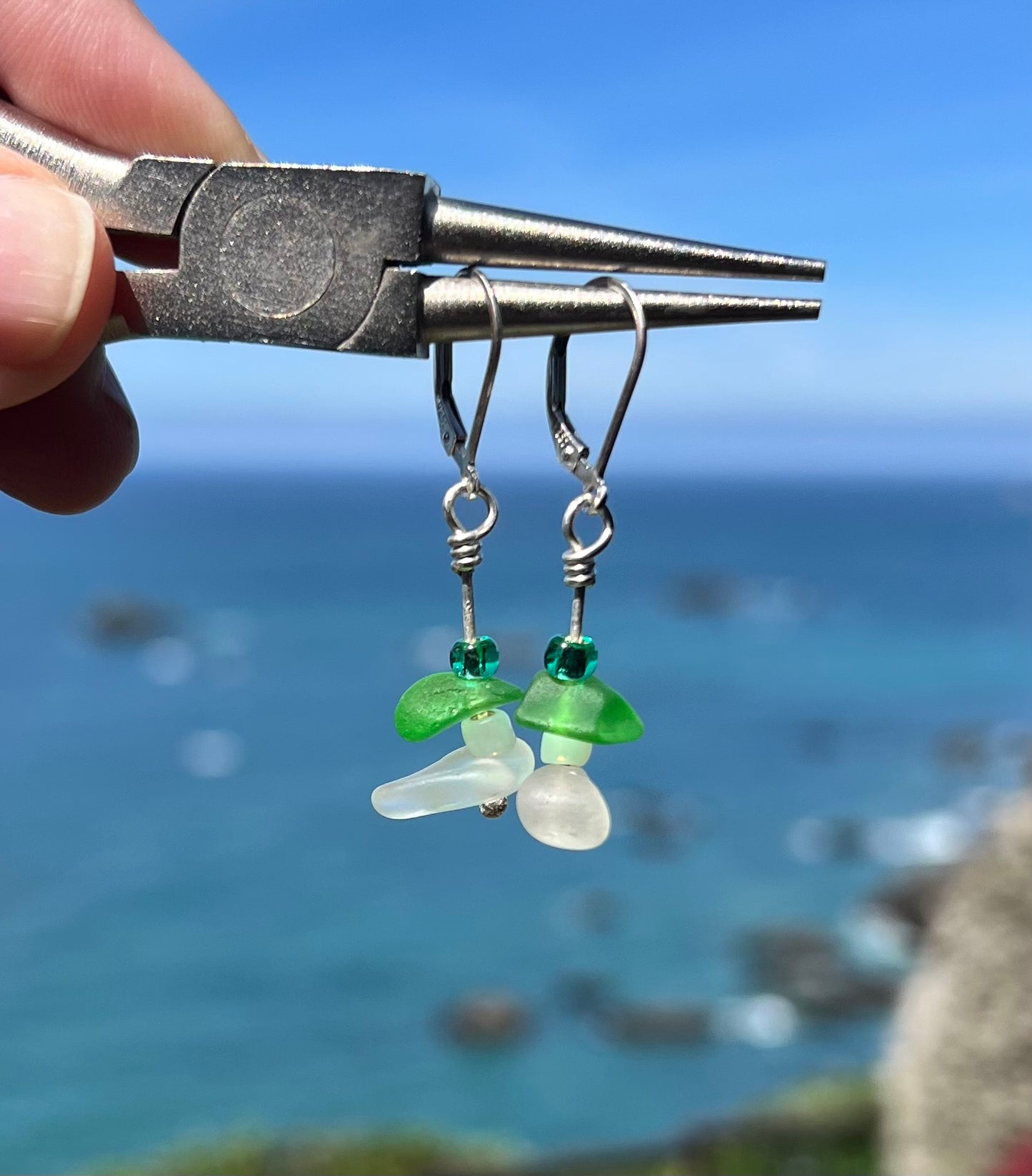 Sea Glass Earrings - Green and White